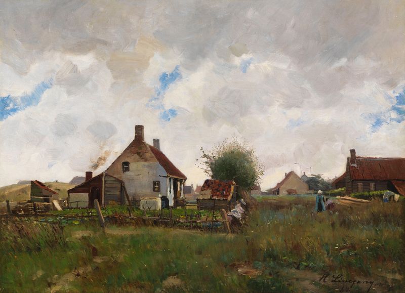 Landschaft mit Bauernhäusern by Helmuth Liesegang, oil on canvas, depicting rural houses and hills.