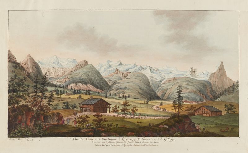 Landscape oil painting by Niklaus Sprüngli featuring mountains and a glacier.