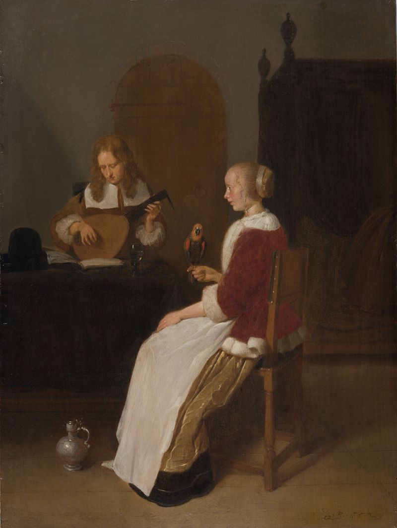 Escena de género con una mujer y un laudista, óleo sobre panel de Quiringh Gerritsz van Brekelenkam.