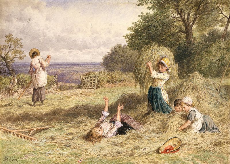 Landscape with Figures de Myles Birket Foster, pintura a óleo vitoriana retratando uma cena tranquila de rio com figuras.