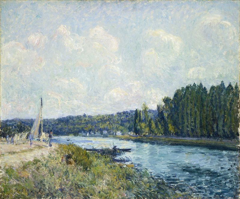 Las Orillas del Oise de Alfred Sisley, óleo de un paisaje fluvial tranquilo con reflejos.