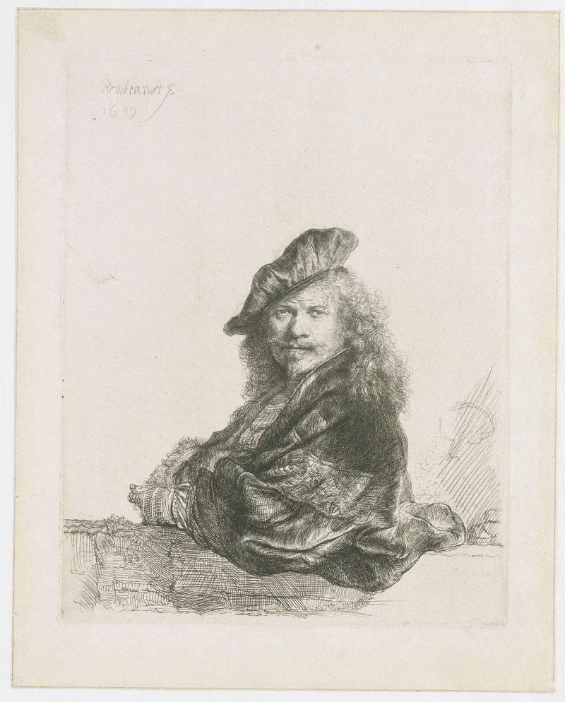 Autorretrato apoiado em um parapeito de pedra, gravura de Rembrandt van Rijn