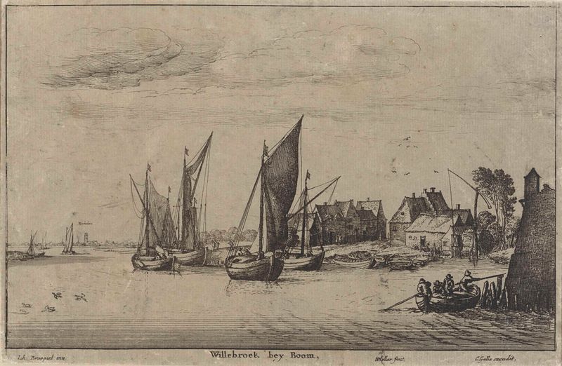 Grabado de Wenceslaus Hollar que representa un paisaje fluvial con un pueblo y bancos exuberantes
