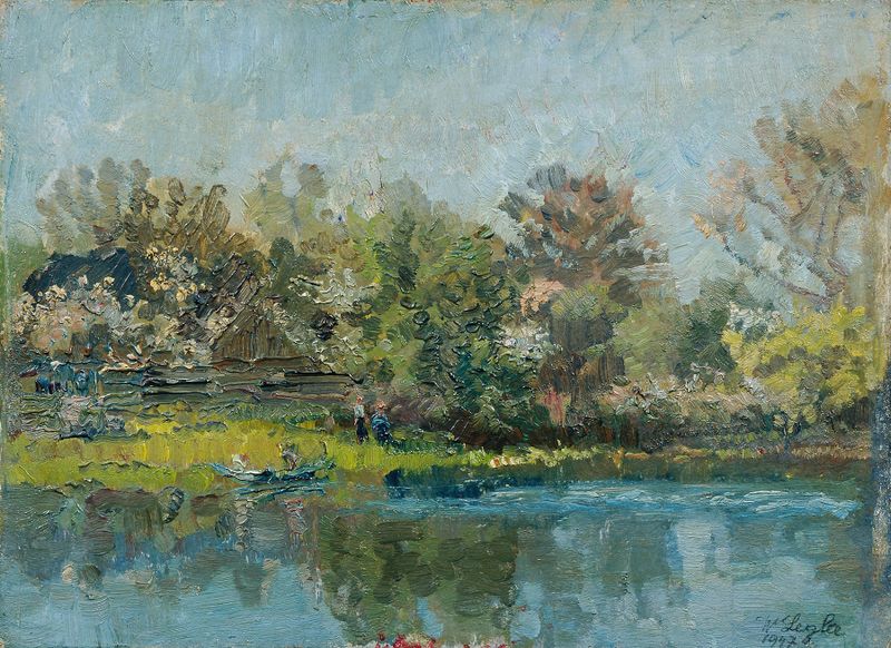 Landscape of Alte Donau by Wilhelm Legler, oil painting depicting shimmering waters and nature.