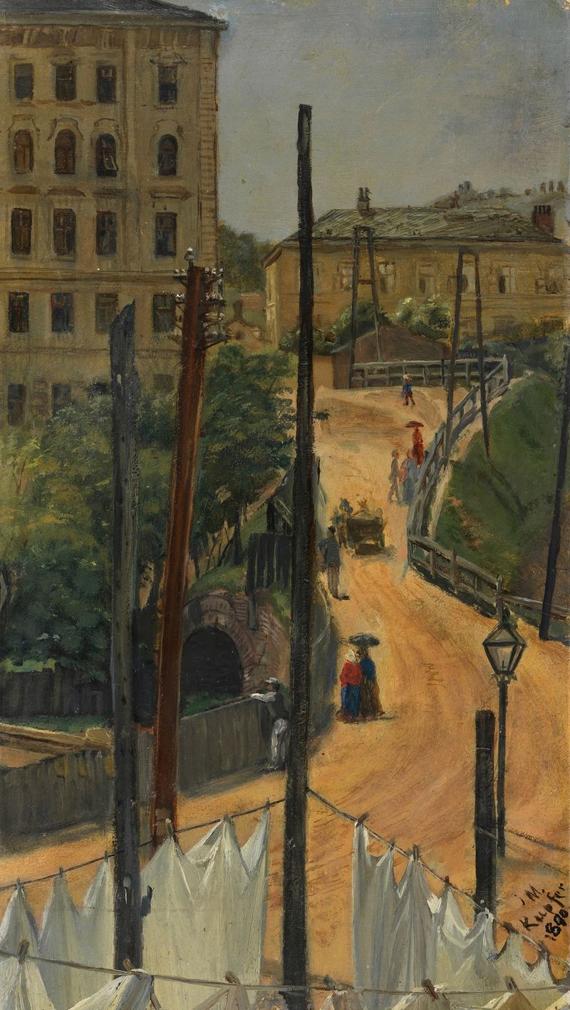 Paisagem de Johann Michael Kupfer, 1890, retratando tons terrosos e jogo de luz e sombra