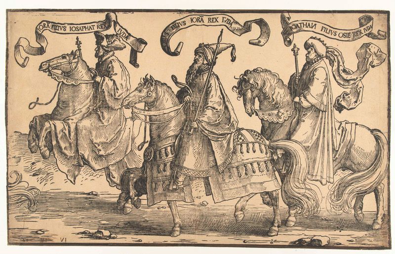 Cena histórica de três reis em roupas intrincadas de Lucas van Leyden, pintura a óleo