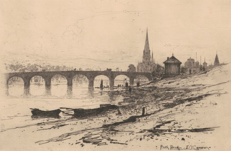 Perth Bridge de David Young Cameron, uma paisagem impressionista em tons suaves.