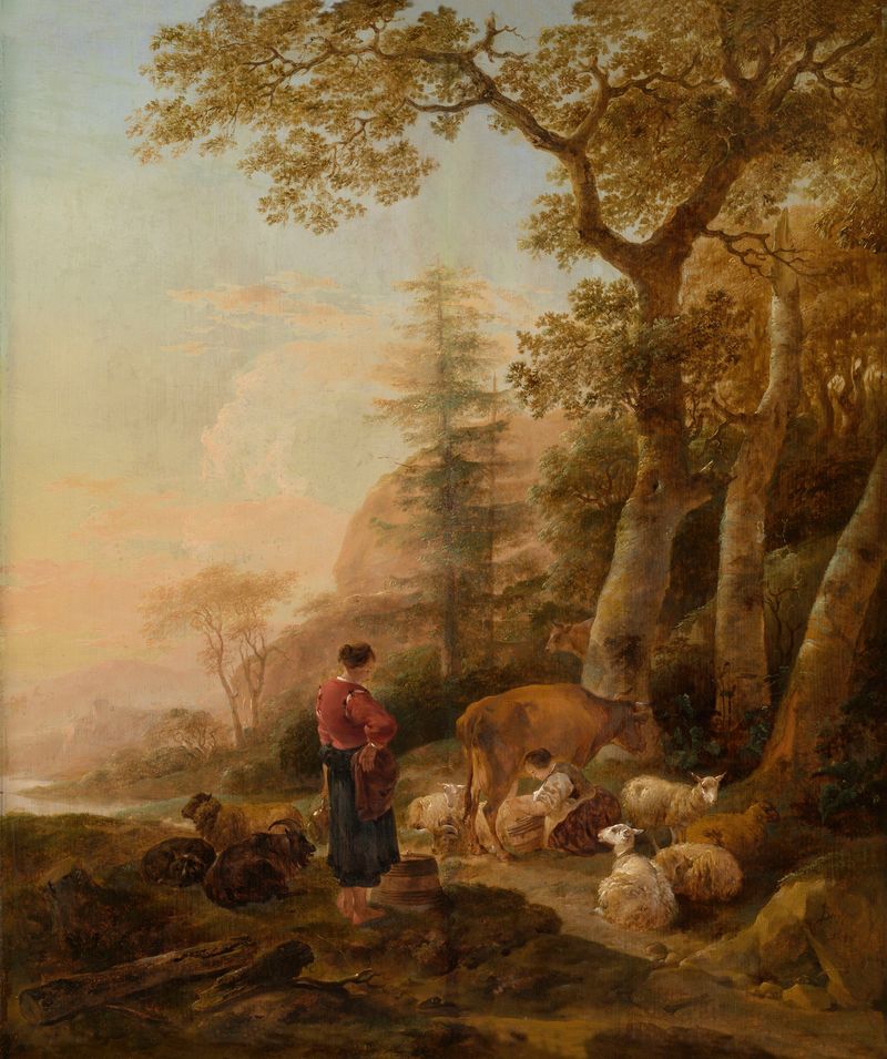 Italian Landscape de Nicolaes Pietersz Berchem, óleo sobre lienzo que representa colinas y un cielo azul.