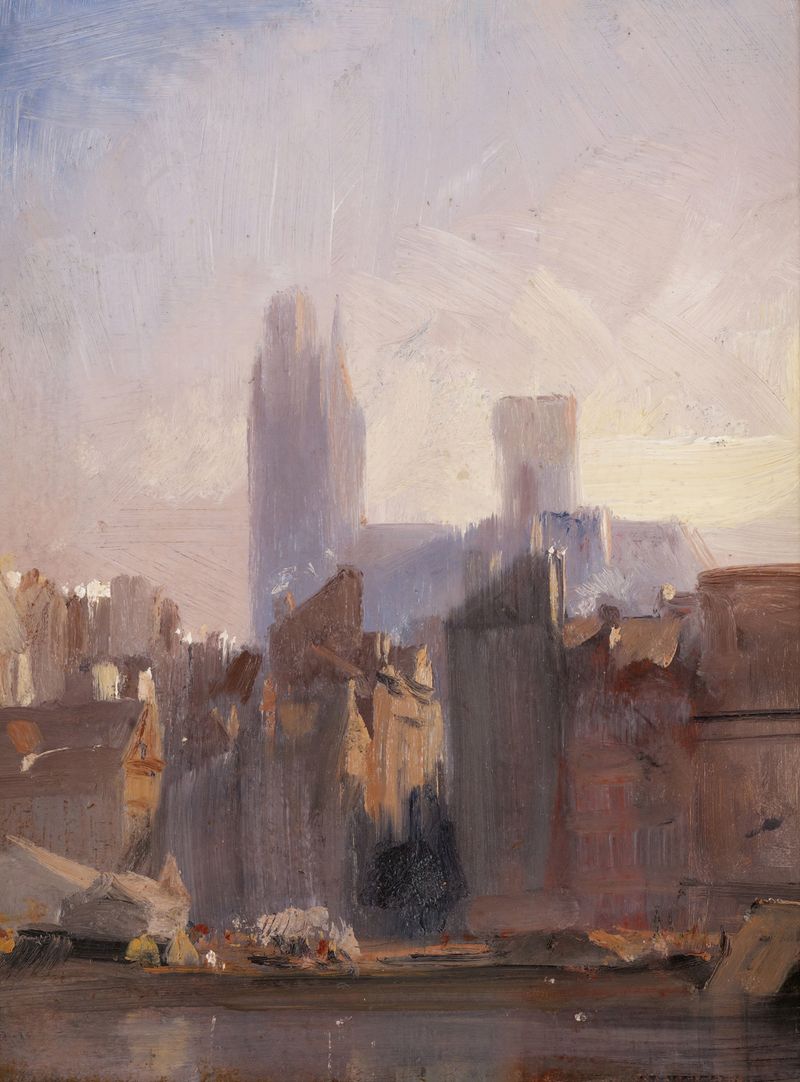 Rouen Cathedral, Sunrise de Richard Parkes Bonington, pintura a óleo de uma catedral ao amanhecer