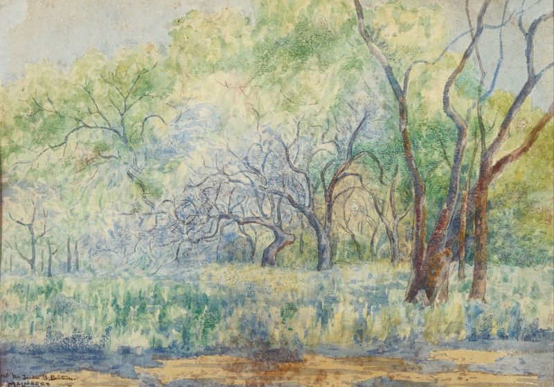 Pintura al óleo de paisaje de Martín Malharro que representa vegetación exuberante y luz moteada.