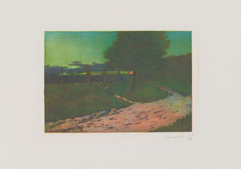 La route du bois à Fontaine, óleo sobre tela de Charles-Louis Houdard, apresentando uma paisagem serena com árvores e um c...