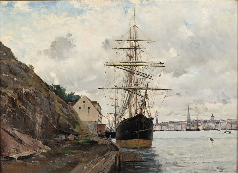 Sea Approach to Stockholm by Axel Lindman, impressionism, depicting a serene marine scene