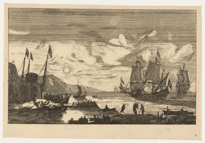 Gravura de Unknown Artist mostrando dois barcos à vela em um porto.