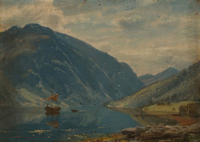 Paisagem de fiorde com montanhas, pintura a óleo de Amaldus Nielsen