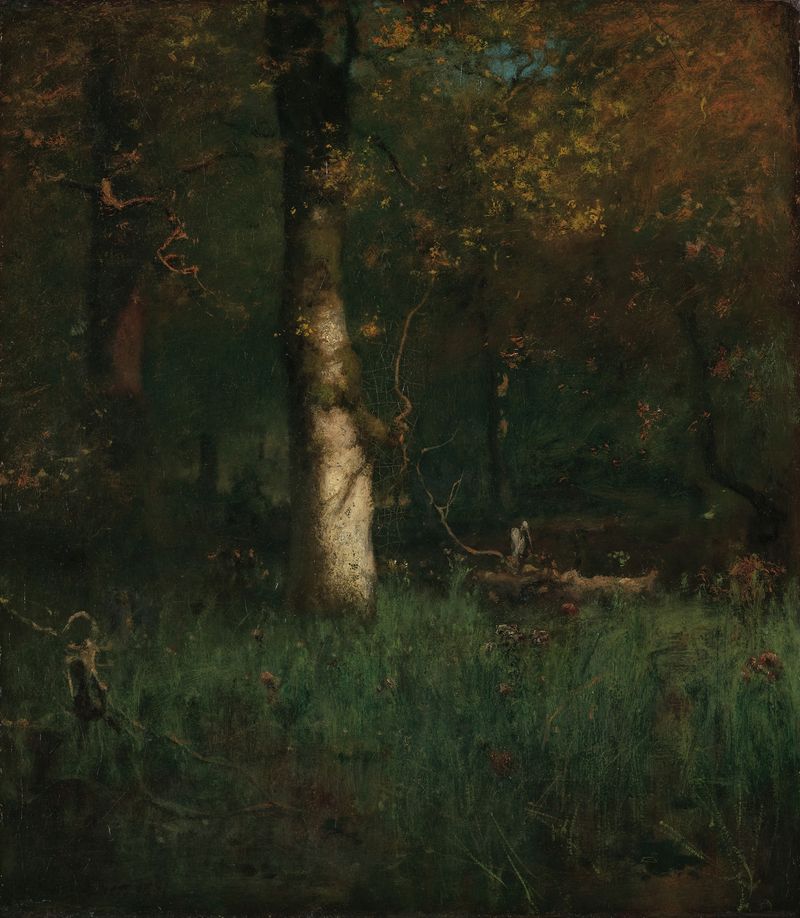 Paisaje con un garza en tonos tierra de George Inness, pintura al óleo