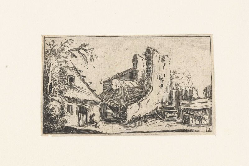 Grabado de paisaje de Unknown Artist que muestra una granja cerca de ruinas