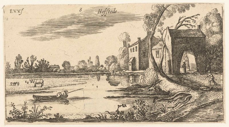 Paisagem com um rio e um edifício de entrada, gravura de Esaias van de Velde