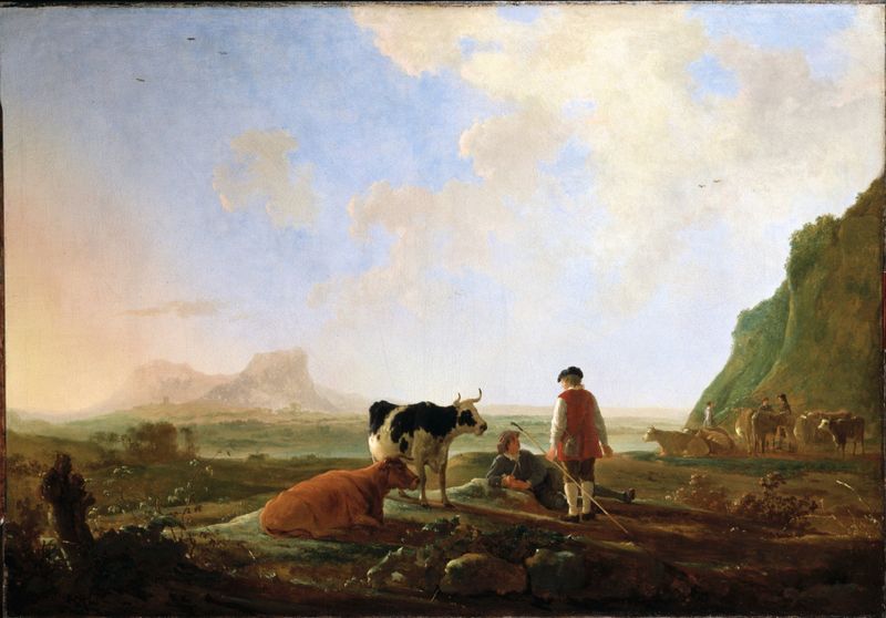 Herdsmen with Cows de Aelbert Cuyp, pintura al óleo que muestra pastores y vacas en luz dorada