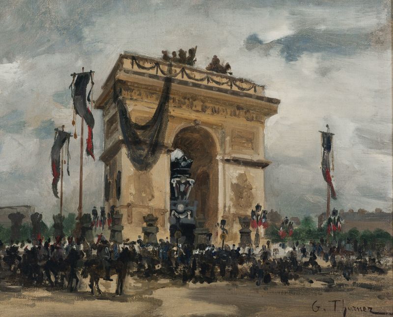 Funérailles de Victor Hugo, óleo sobre tela de Gabriel Edouard Thurner, retrata uma solene procissão fúnebre.