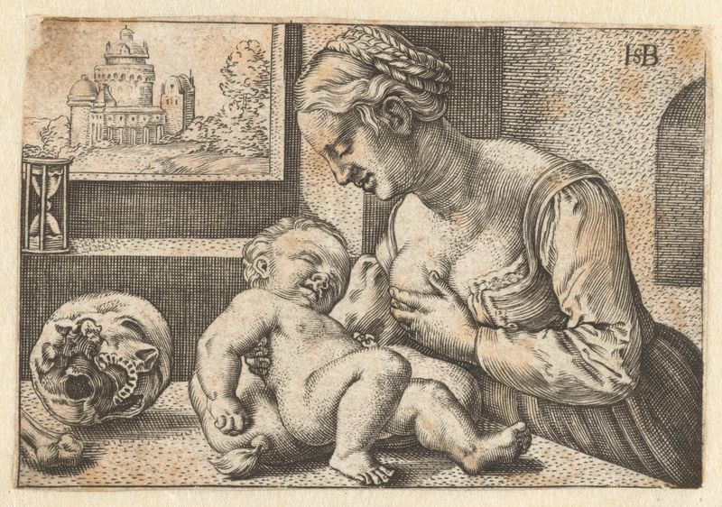 Gravura de Hans Sebald Beham mostrando uma mãe amamentando seu filho