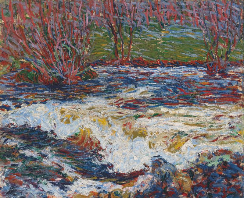 The Rushing Stream by Roderic O'Conor, oil painting depicting a vibrant stream with green and blue hues.