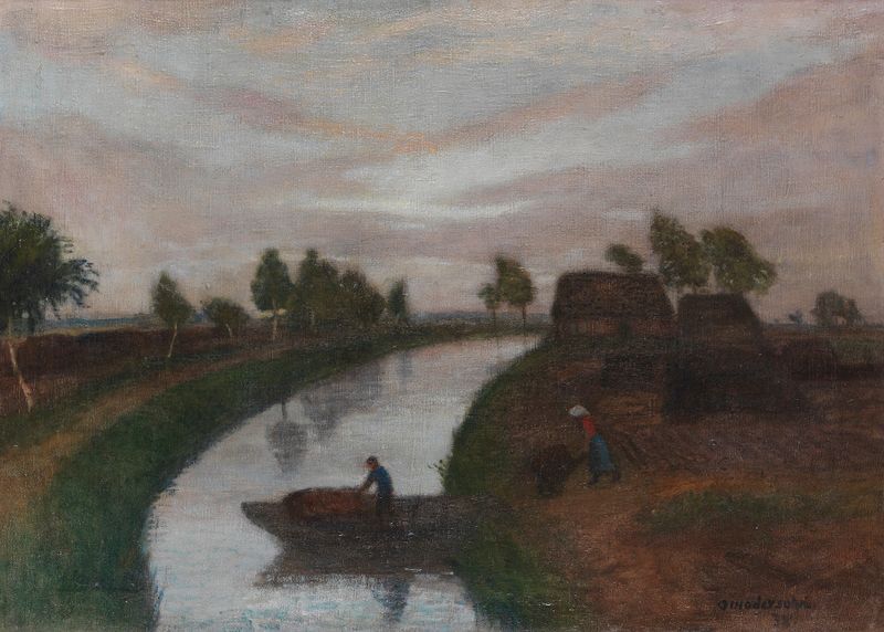 Sommerabend im Moor, oil painting by Otto Modersohn, depicting a serene moor landscape at twilight.