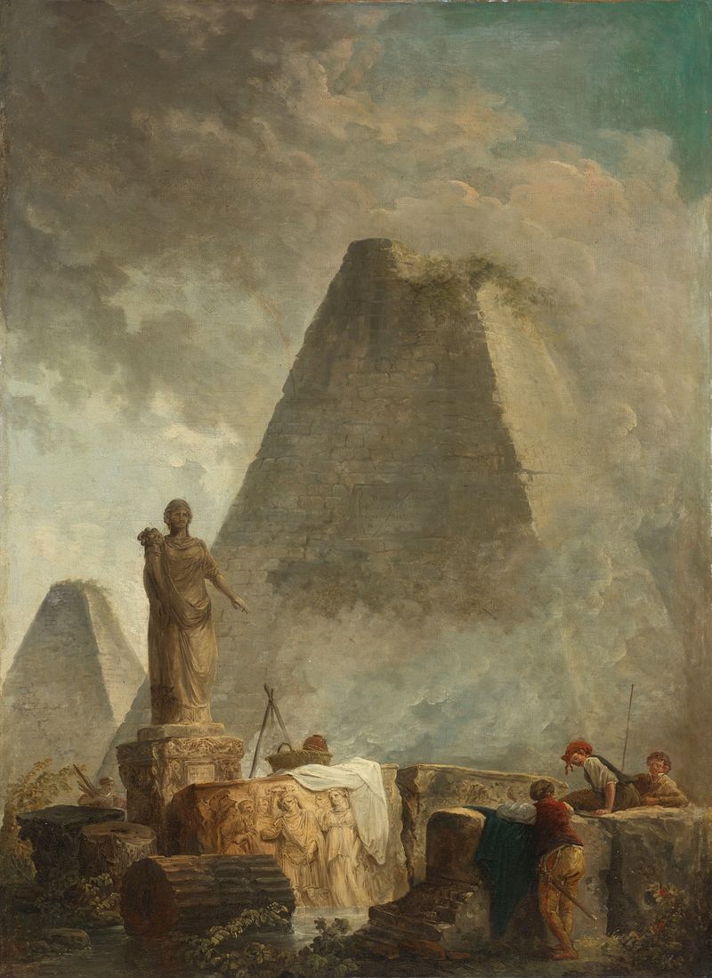 Pintura al óleo rococó de Hubert Robert que muestra banditti junto a una fuente con pirámides al fondo.