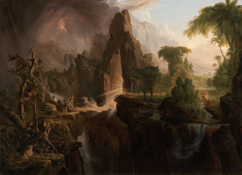Expulsão do Jardim do Éden por Thomas Cole, pintura a óleo que retrata figuras em desespero