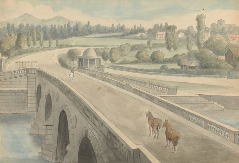 The Bridge by Edward Francis Burney, oil on canvas, depicting a serene landscape with a graceful bridge.