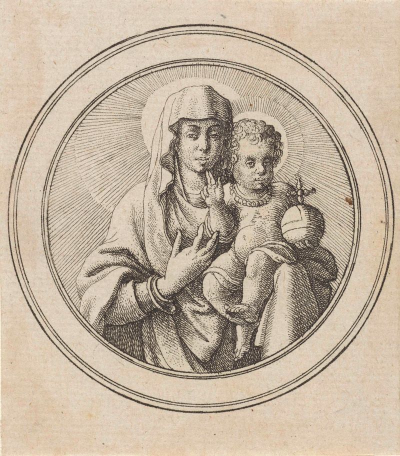 Grabado de Wenceslaus Hollar que muestra a María con el Niño Cristo en un tierno abrazo.