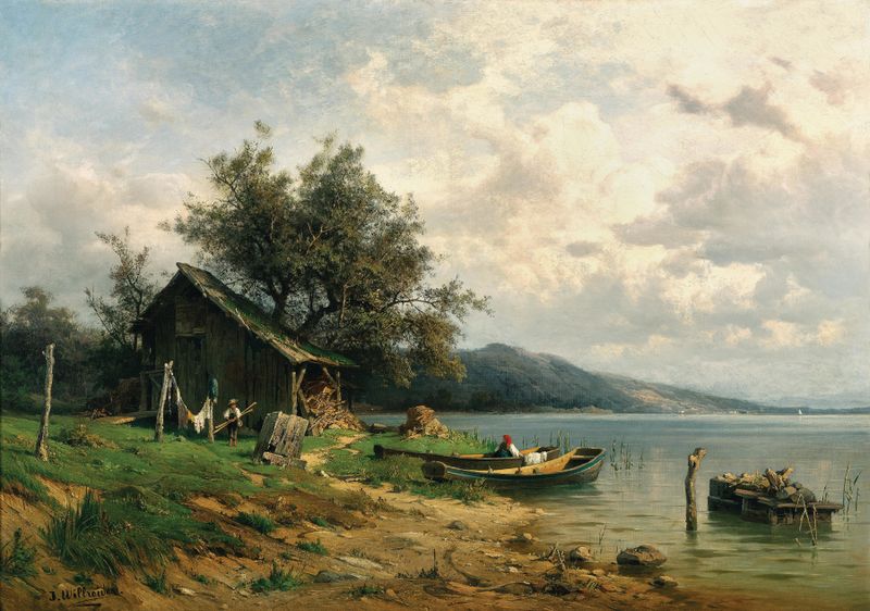 A Scene on a Lake de Josef Willroider, pintura al óleo que muestra un lago tranquilo y la naturaleza circundante.