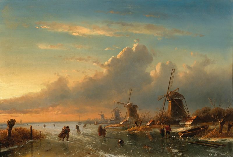 Winter landscape at sunset with figures on ice, oil on canvas by Charles Leickert.