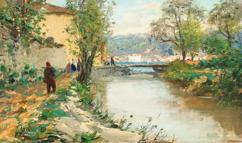 A View of Emirgan by Fausto Zonaro, oil on canvas, depicting a tranquil landscape with trees and distant hills.