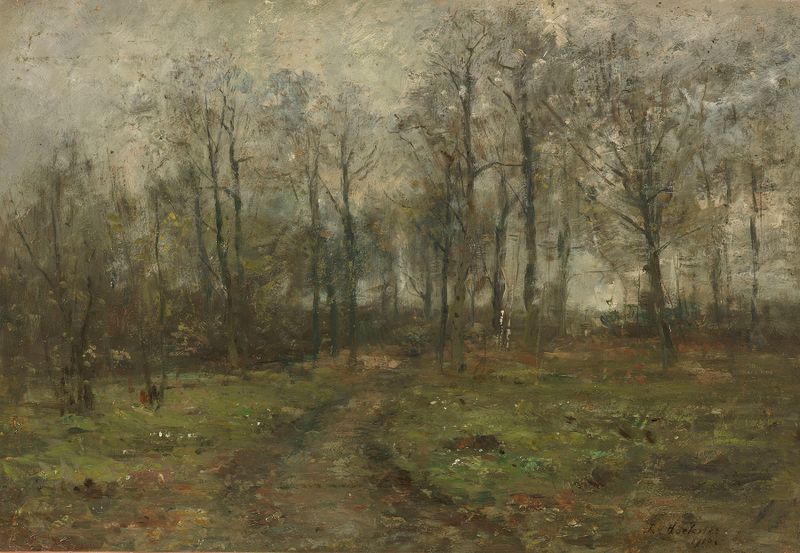 Weg im Gehölz, oil on canvas by Rudolf Höckner, depicting a forest path with light and shadows.