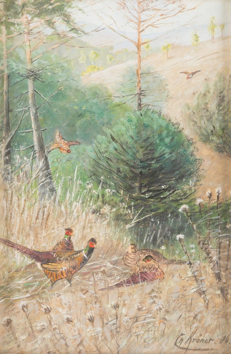 Landscape With Pheasants, oil on canvas by Christian Kröner, featuring vibrant birds in a forest.