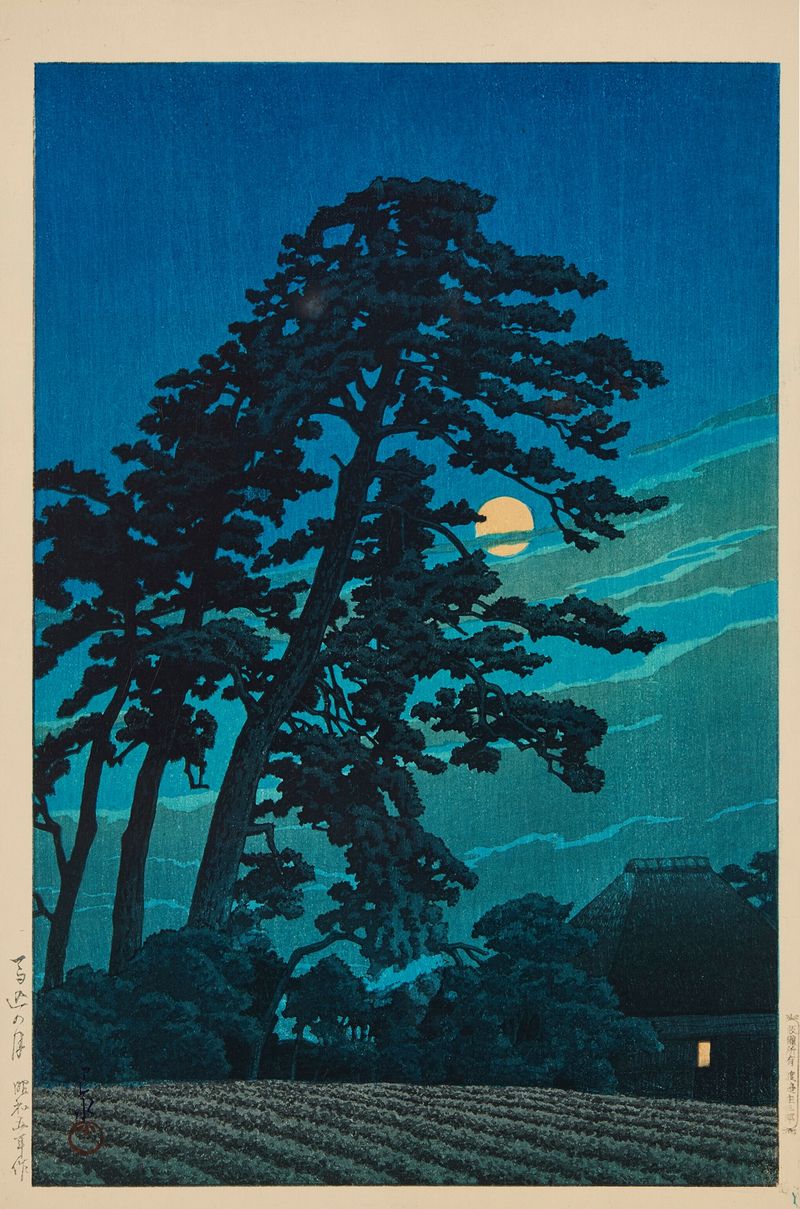 Xilografía de Kawase Hasui que muestra un lago iluminado por la luna al anochecer.