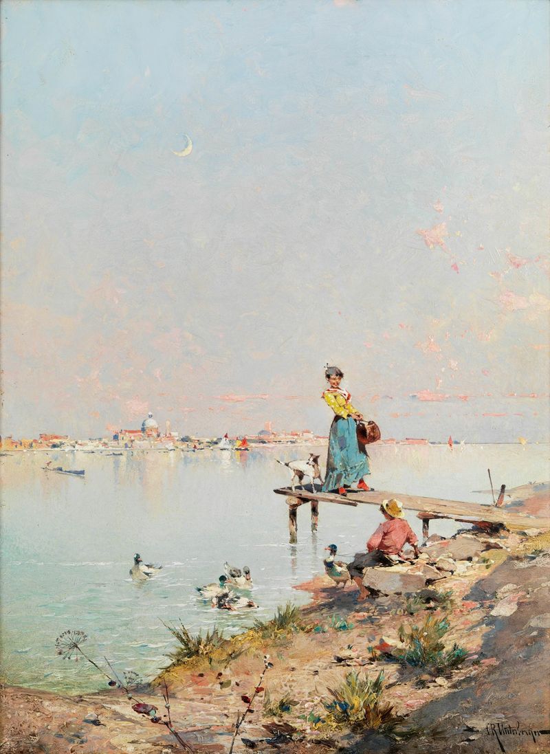 Blick auf Venedig am Ufer der Lagune, pintura a óleo de Franz Richard Unterberger