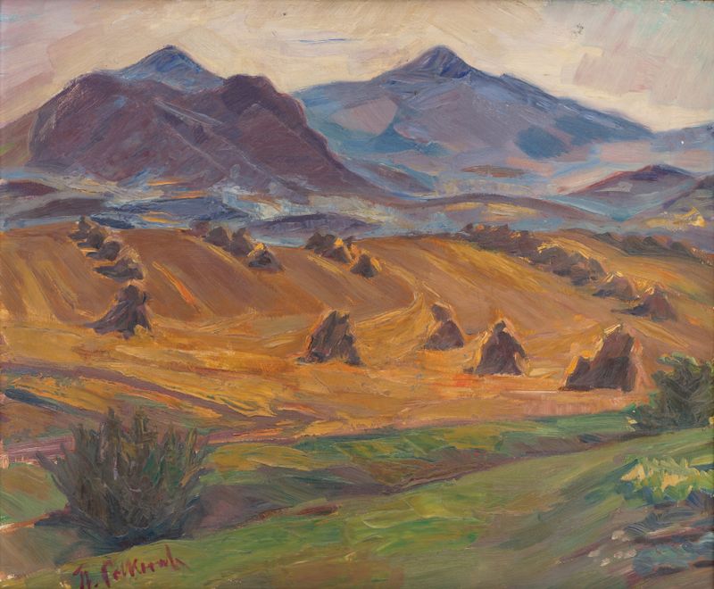 Landscape by Štefan Polkoráb, 1940, featuring a forest with dappled sunlight.