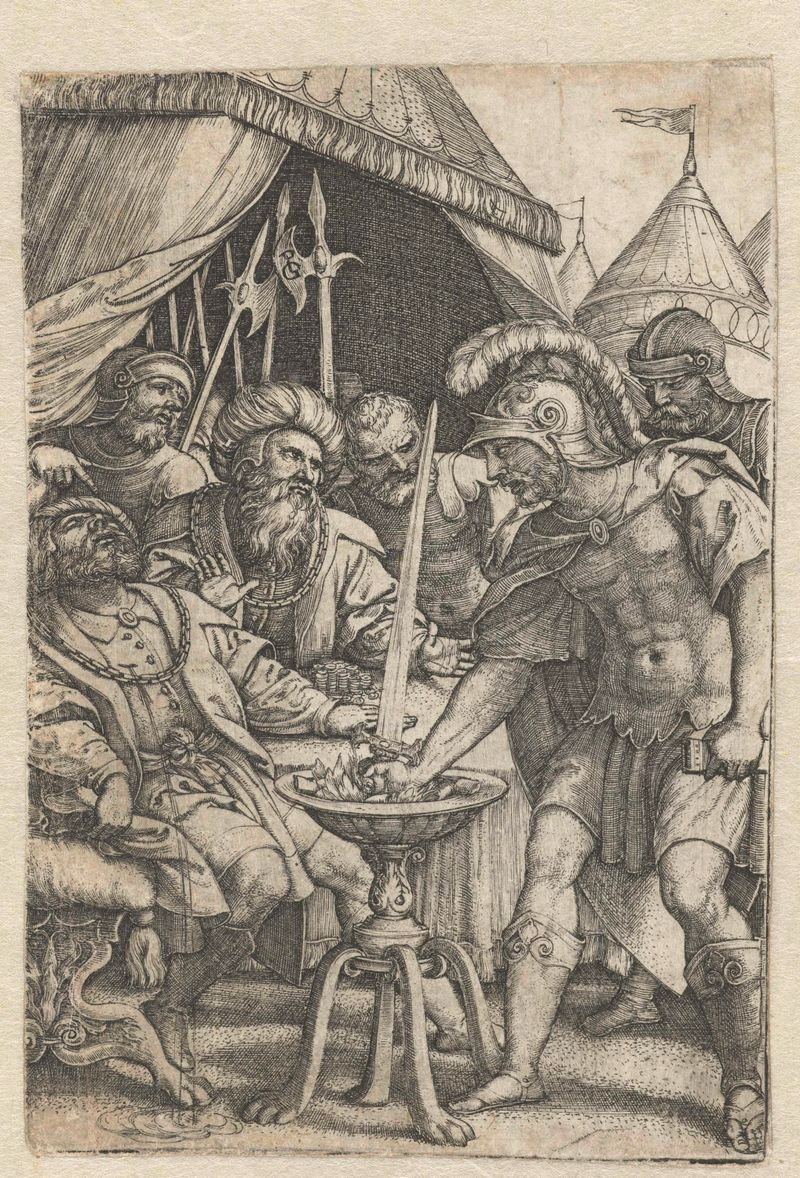 Gravura de Georg Pencz mostrando Mucius Scaevola com a mão no fogo