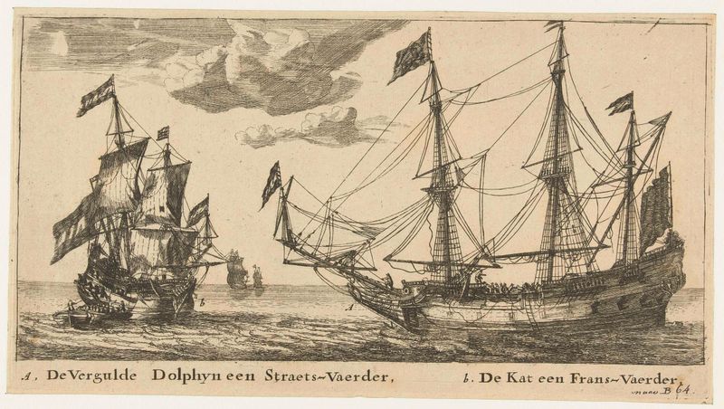 Grabado de Unknown Artist que representa barcos en el agua con reflejos de luz solar.