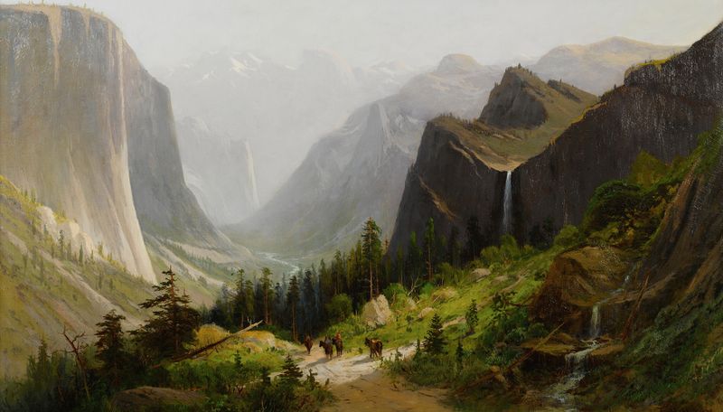 Yosemite Valley landscape by Frederick Ferdinand Schafer, featuring pines and wildflowers in soft light.