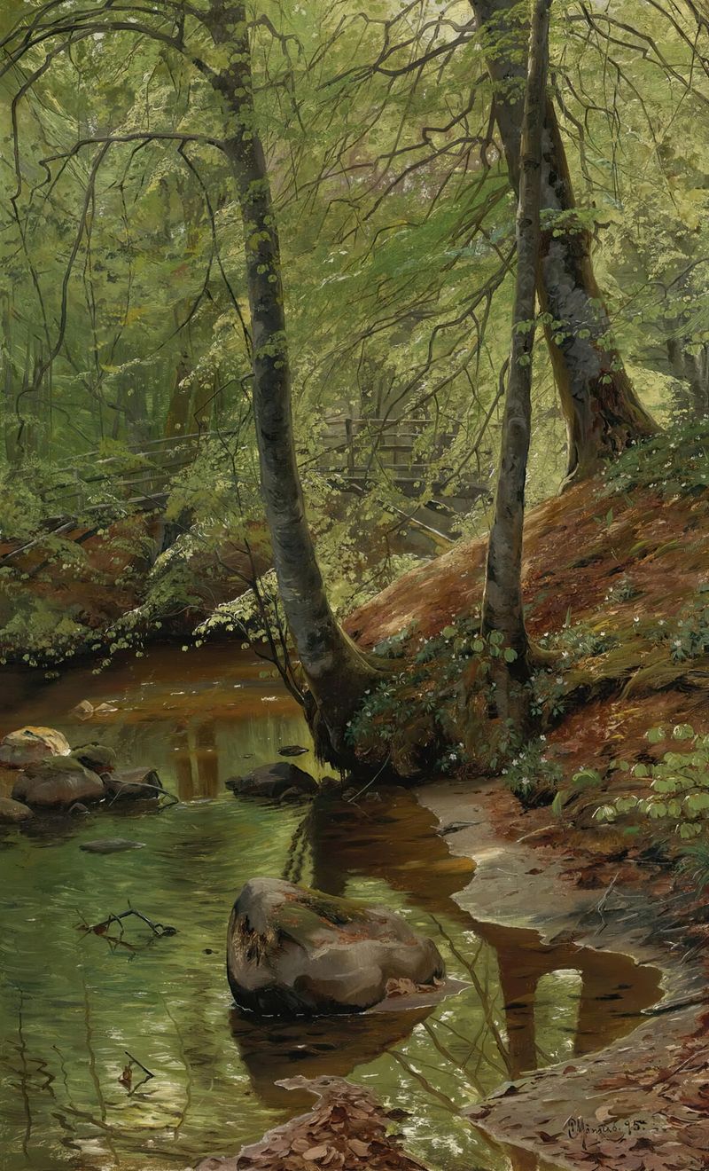 A Forest Stream de Peder Mørk Mønsted, óleo sobre tela que retrata uma floresta com água corrente.