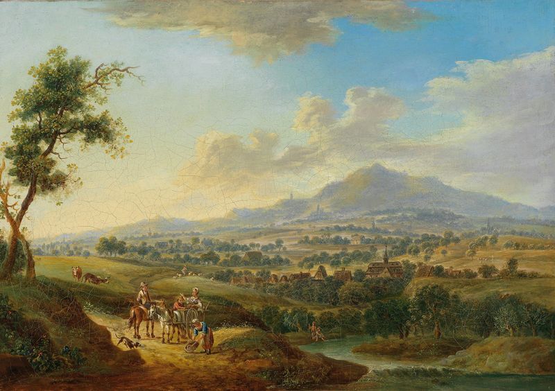 Paisagem com um rio, vendedores de mercado e pescadores, pintura a óleo de Christian Georg Schütz the elder.