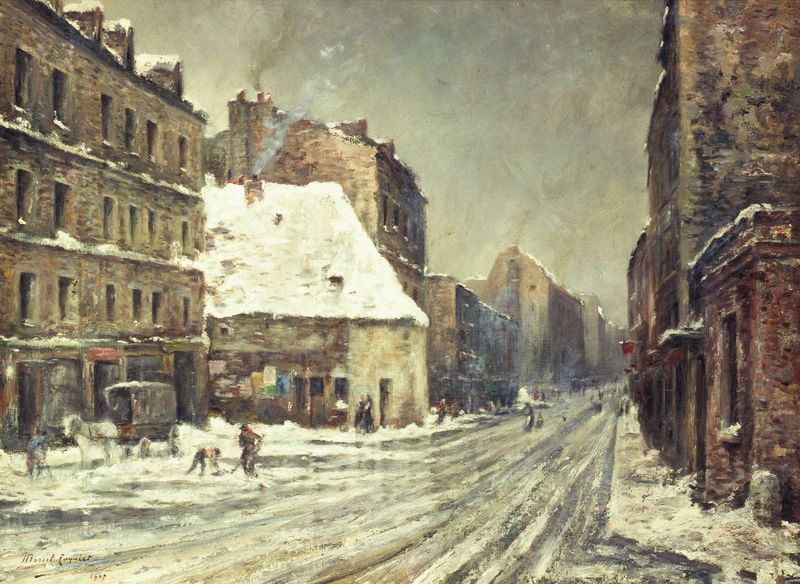 La Rue du Mont-Cenis, effet de neige de Marcel Cogniet, pintura a óleo que retrata uma paisagem nevada.