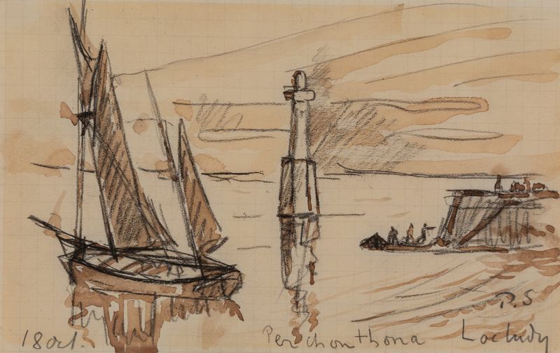 Faro en Loctudy de Paul Signac, óleo que muestra un faro iluminando el mar al atardecer