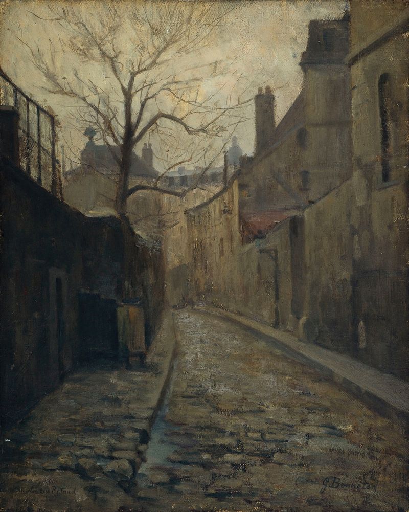 La rue Rataud de Germain Eugène Bonneton, óleo sobre tela retratando uma rua parisiense com paralelepípedos e sombras.
