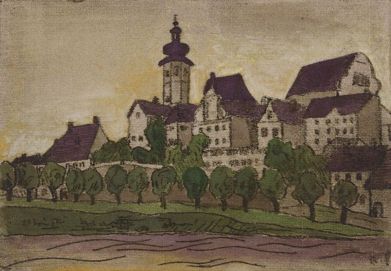 Expressionism artwork Stadt by Anny Dollschein, depicting a city at dusk.