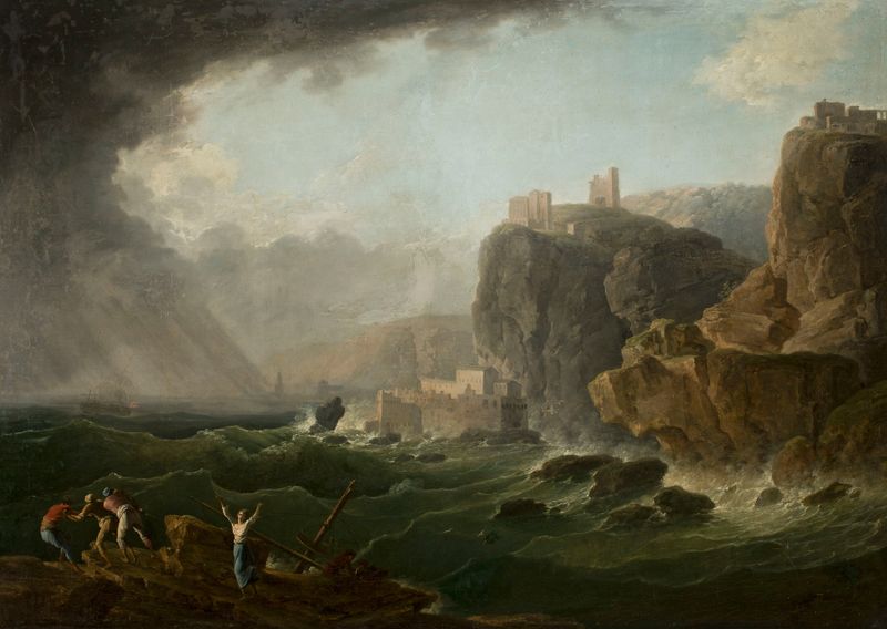 Storm at sea by Gregorio Fidanza, depicting turbulent waves and dark skies in an oil painting.
