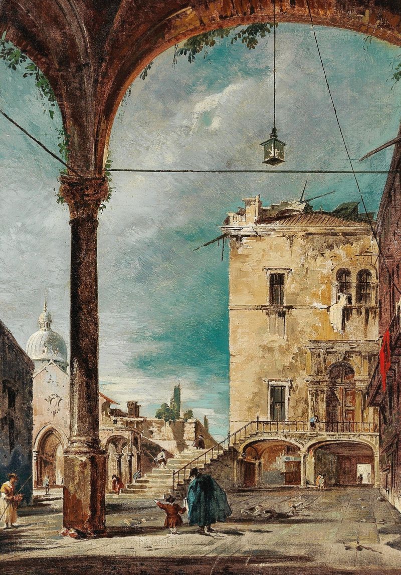 Venetian Capriccio by Workshop of Francesco Guardi, oil on canvas depicting Venice's architecture and reflections.