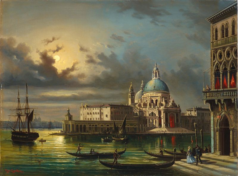 Landscape of The Punta della Dogana and Santa Maria della Salute, Venice in moonlight by Giovanni Grubacs, oil painting.
